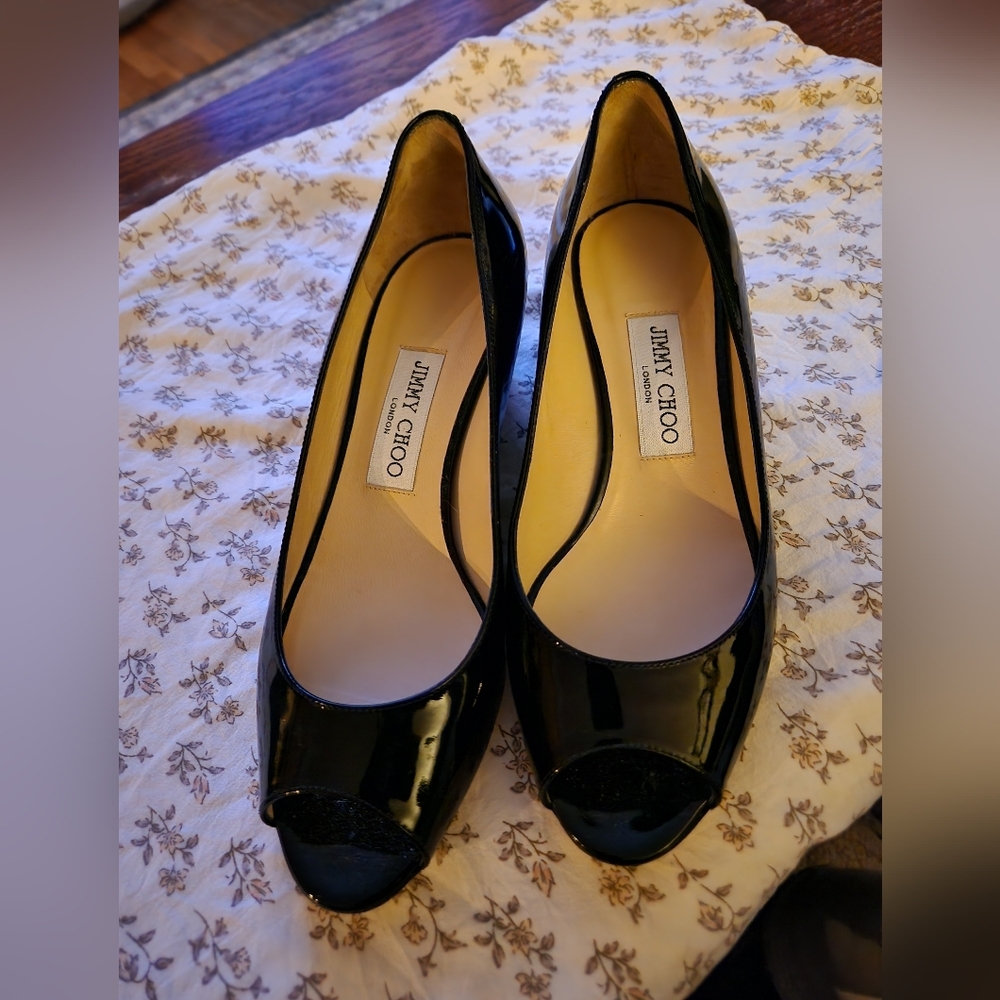 Jimmy Choo Black Patent Peep-Toe Heels